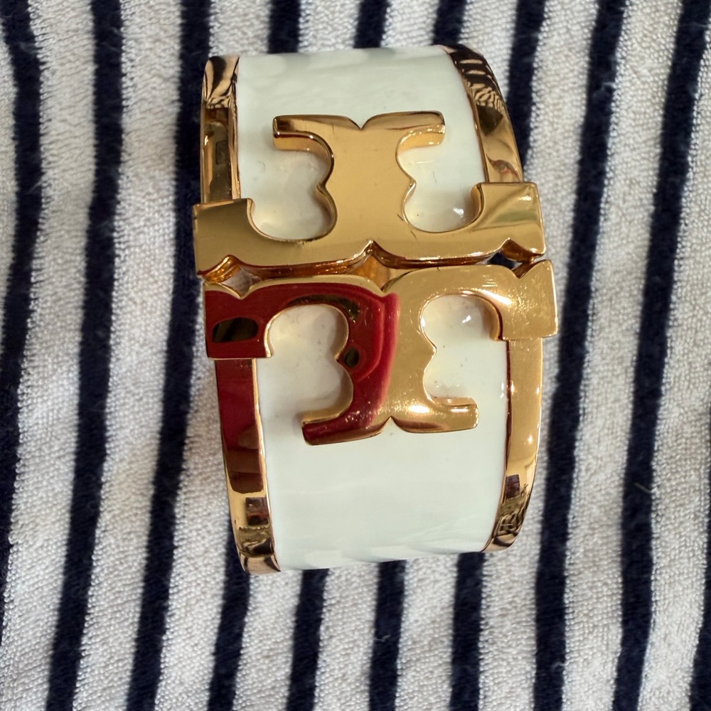 Tory Burch Gold and White Enamel Cuff